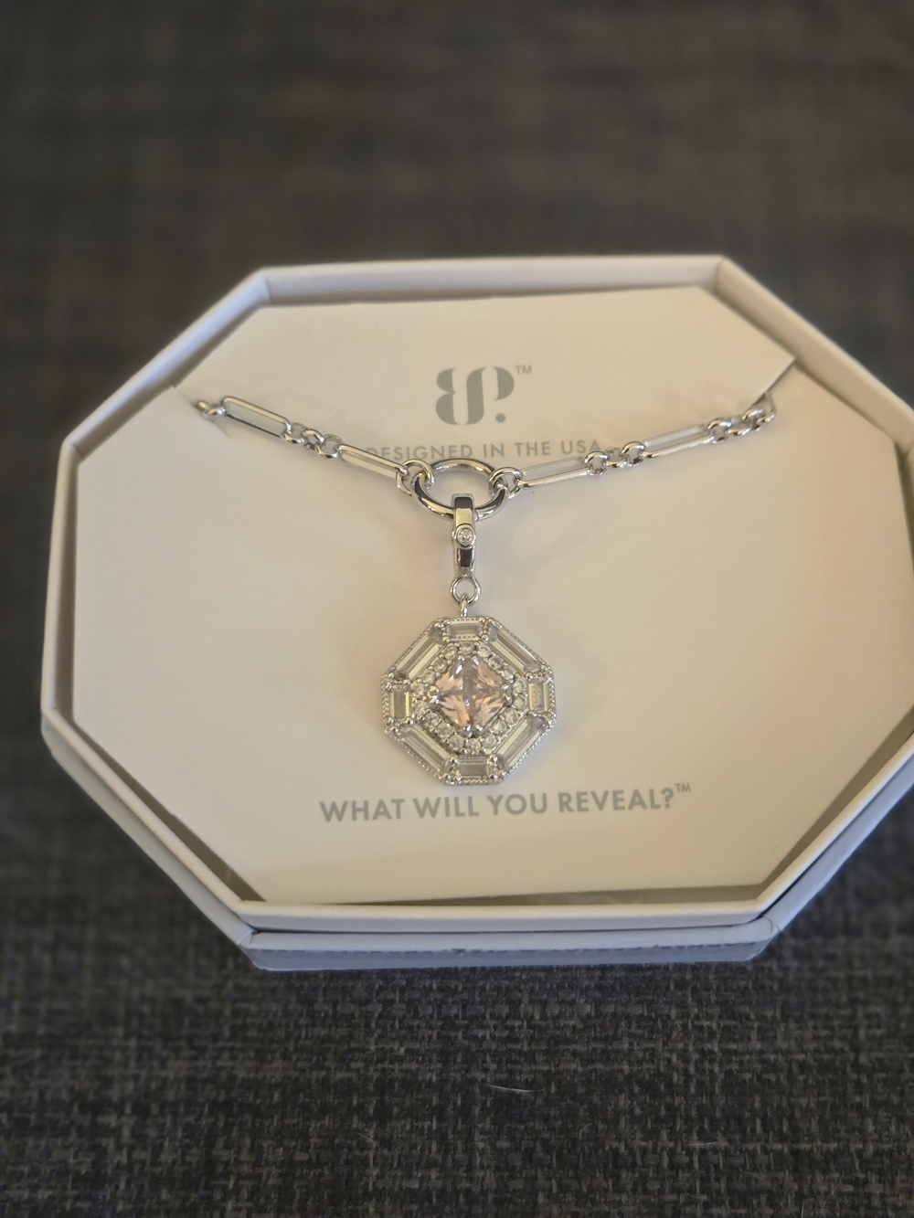 Octagonal Pendant Necklace Rose Quarts in Silver with Pink Stone - $150